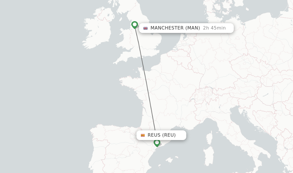 Flights from Reus to Manchester route map