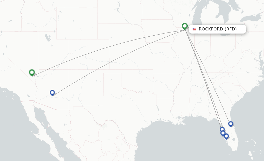 Route map with flights from Rockford with Allegiant Air