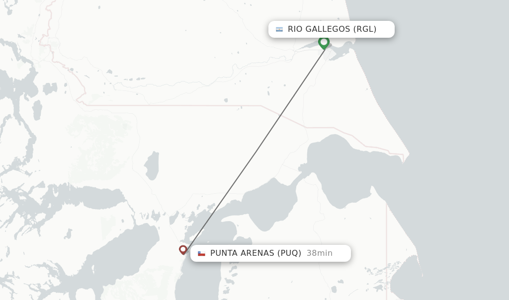 Flights from Rio Gallegos to Punta Arenas route map