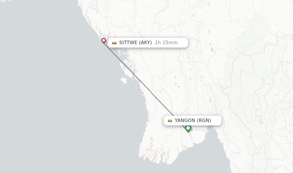 Flights from Yangon to Sittwe route map