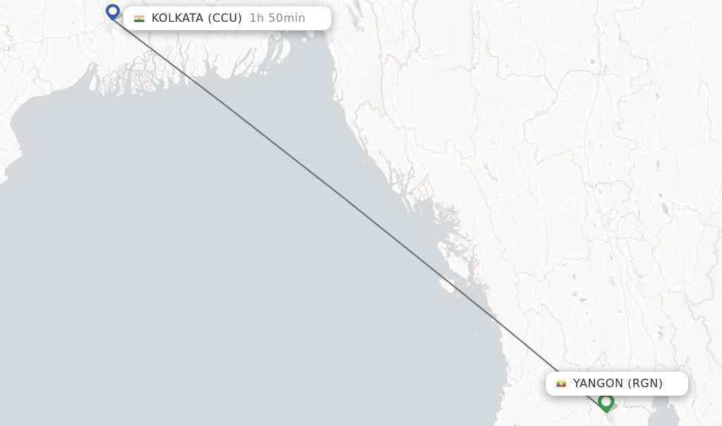 Flights from Yangon to Kolkata route map