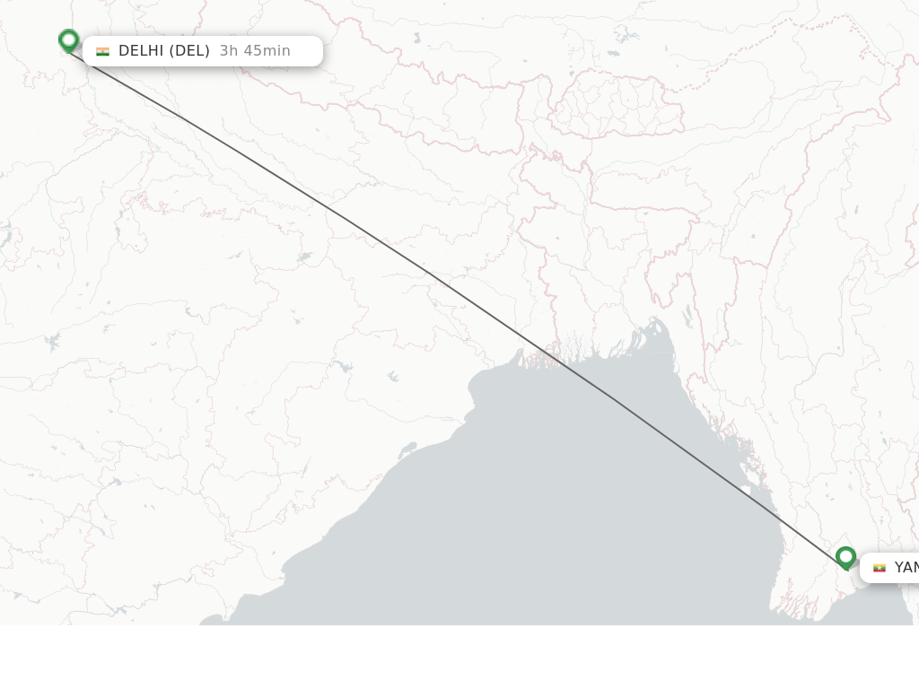Flights from Yangon to Delhi route map