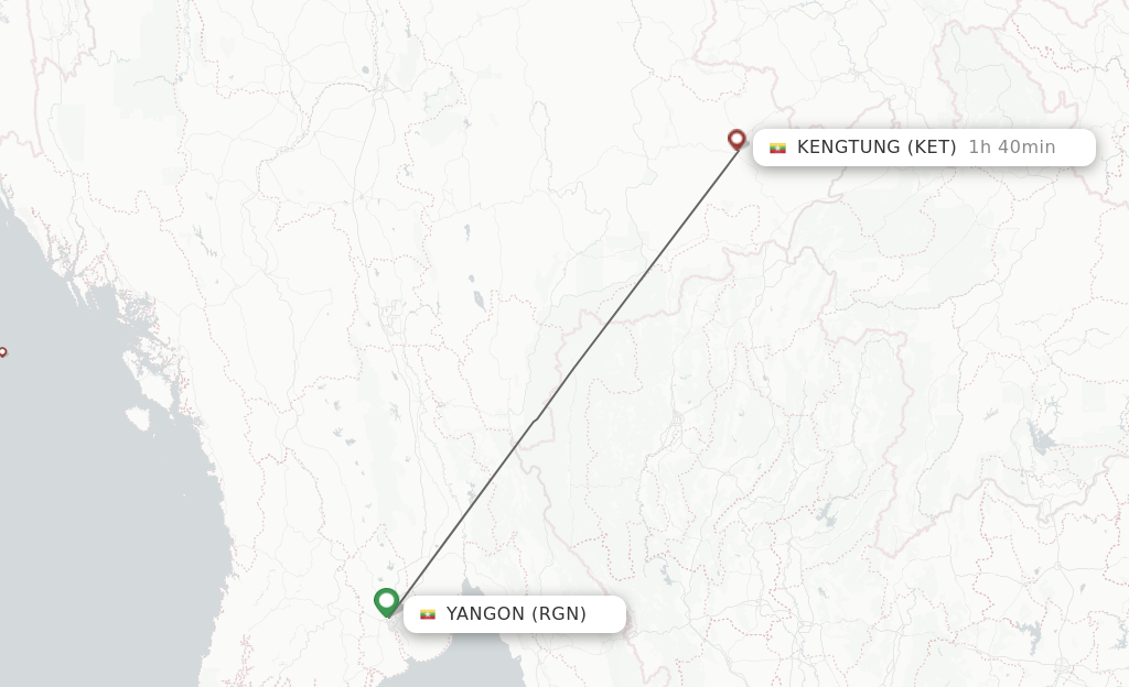 Flights from Yangon to Keng Tung route map