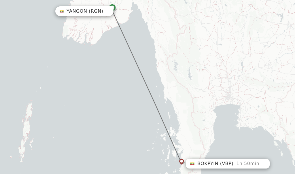 Flights from Yangon to Bokpyin route map