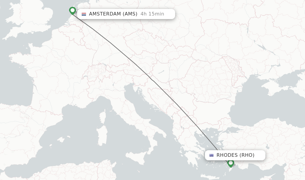 Flights from Rhodes to Amsterdam route map