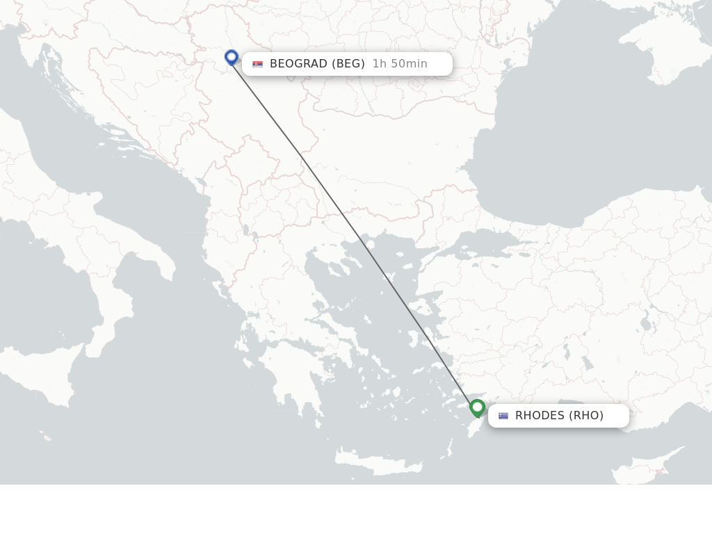 Flights from Rhodes to Belgrade route map