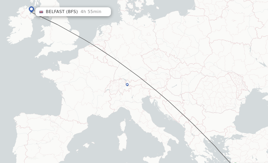 Flights from Rhodes to Belfast route map