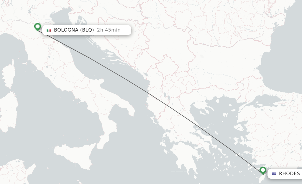 Flights from Rhodes to Bologna route map