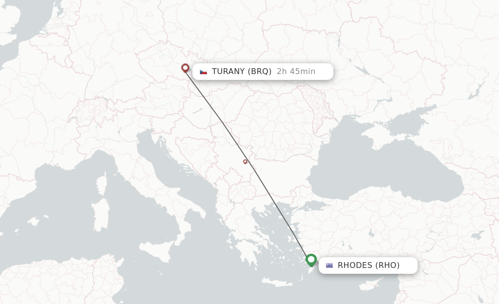 Flights from Rhodes to Brno route map