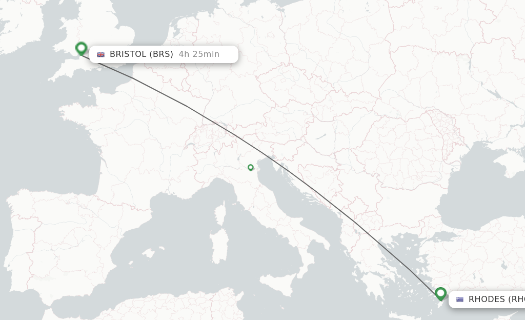 Flights from Rhodes to Bristol route map