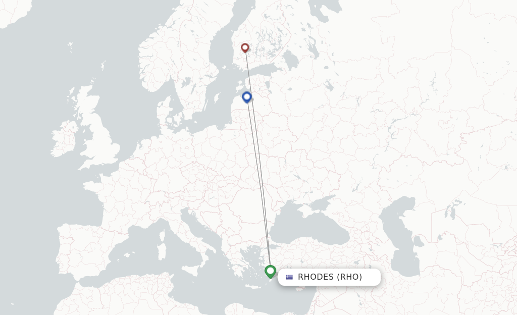 Route map with flights from Rhodes with Air Baltic