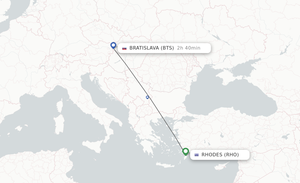 Flights from Rhodes to Bratislava route map