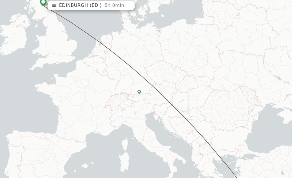 Flights from Rhodes to Edinburgh route map