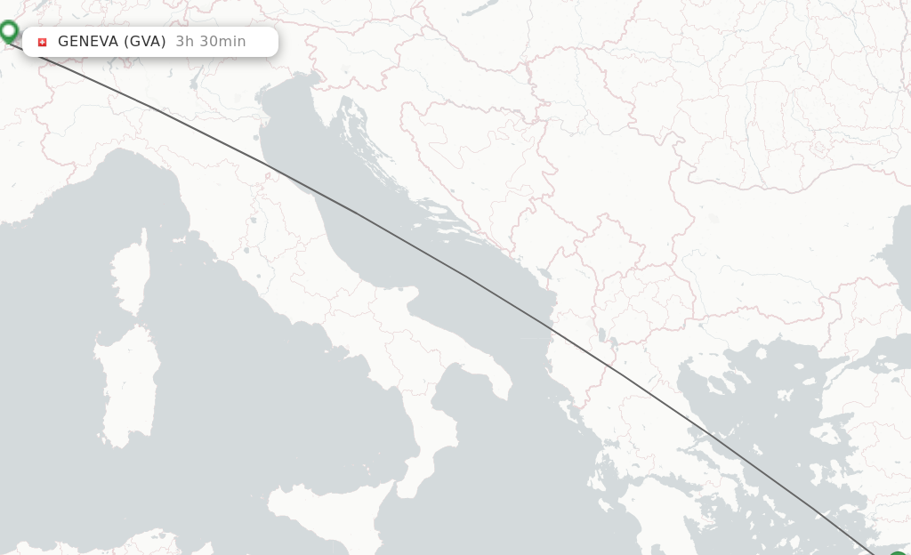 Flights from Rhodes to Geneva route map