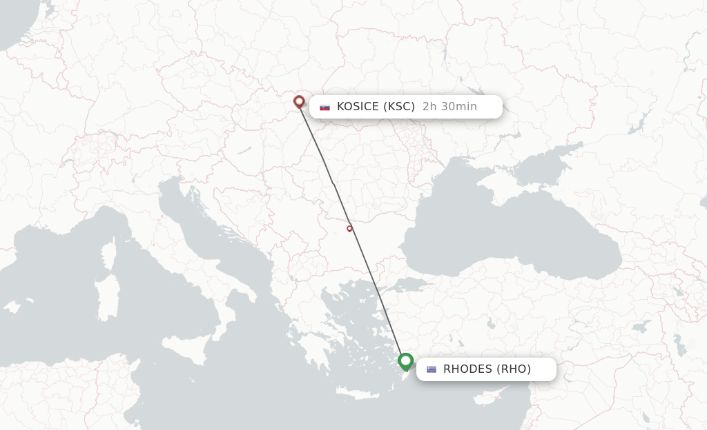 Flights from Rhodes to Kosice route map