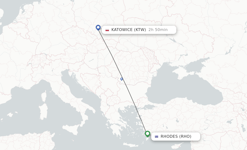 Flights from Rhodes to Katowice route map