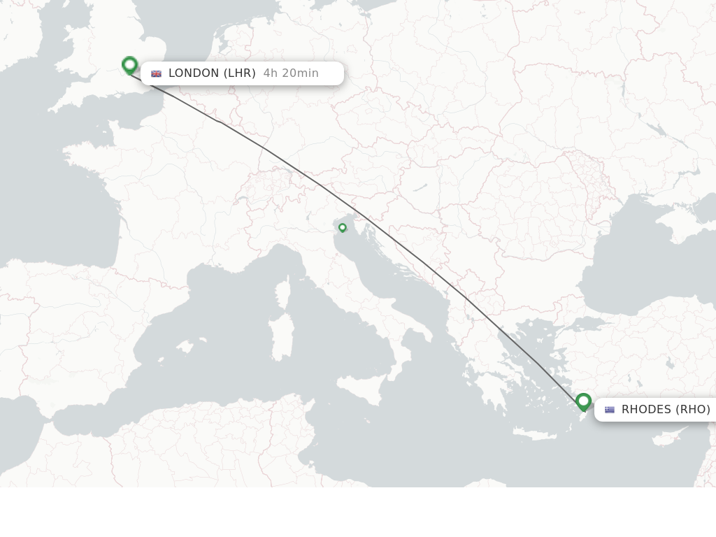 Flights from Rhodes to London route map
