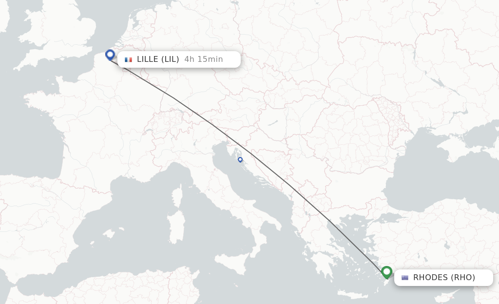 Flights from Rhodes to Lille route map