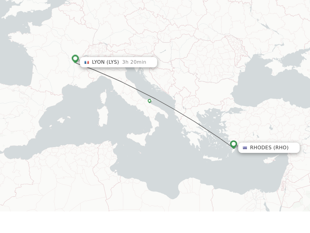 Flights from Rhodes to Lyon route map
