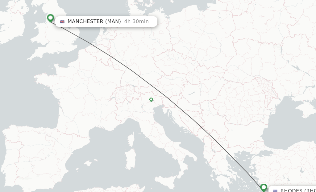 Flights from Rhodes to Manchester route map