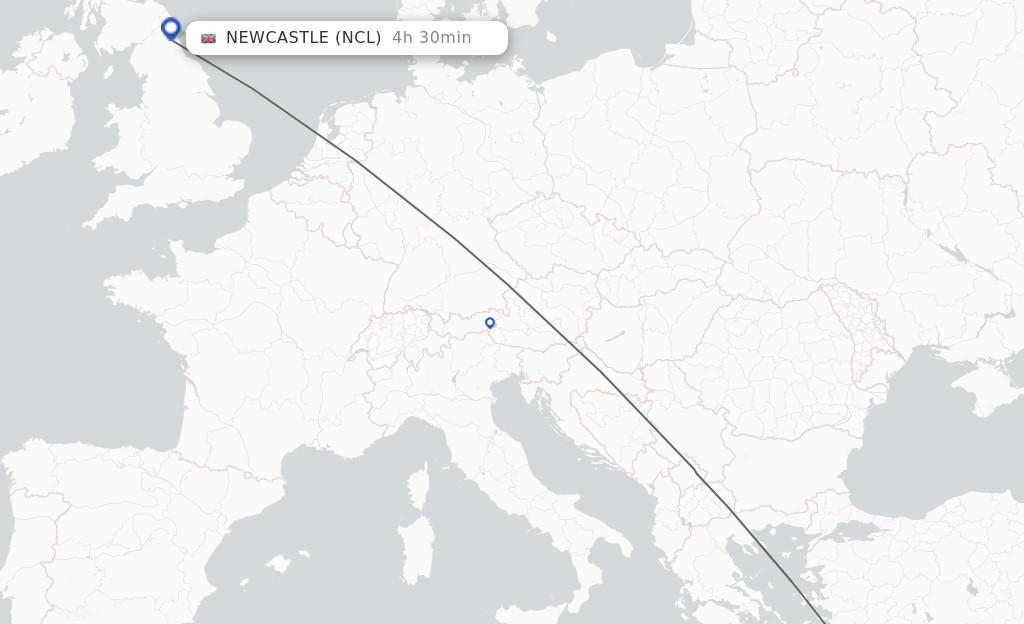 Flights from Rhodes to Newcastle route map
