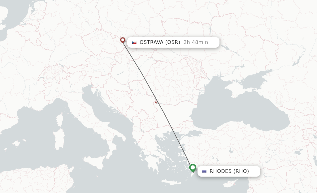 Flights from Rhodes to Ostrava route map