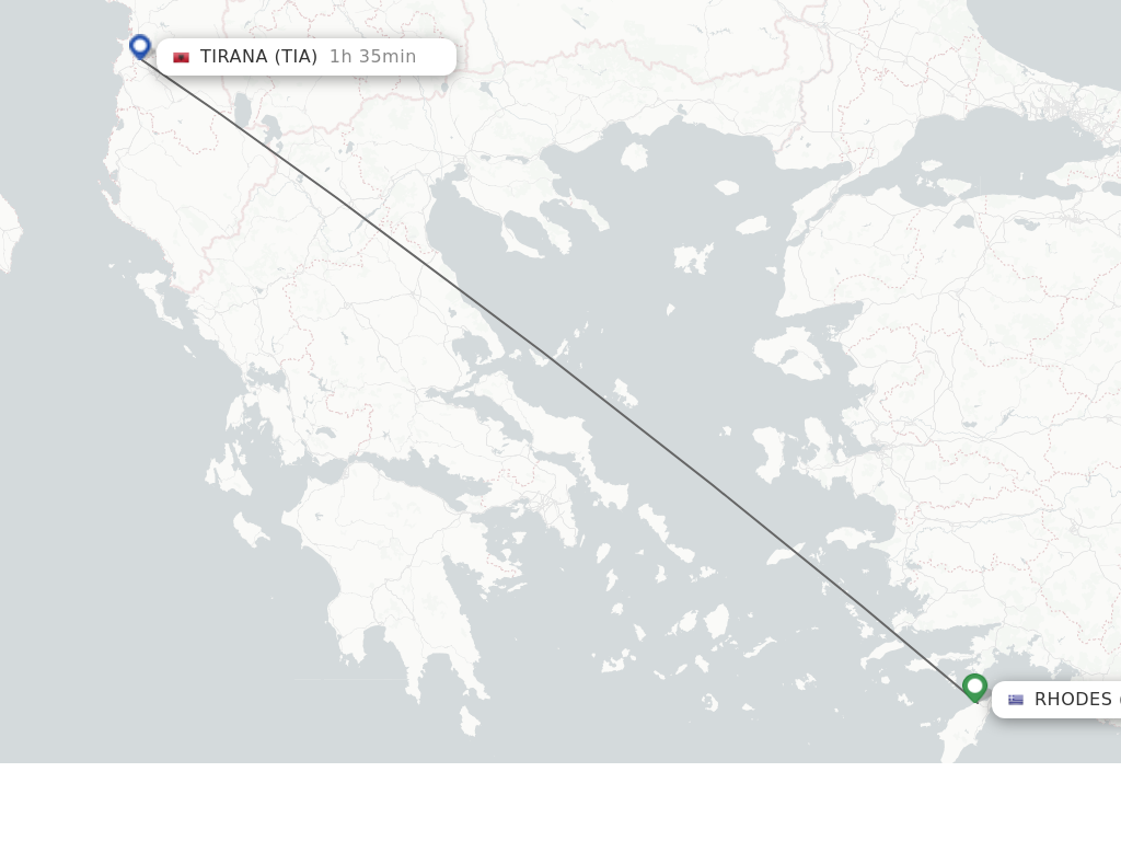 Flights from Rhodes to Tirana route map