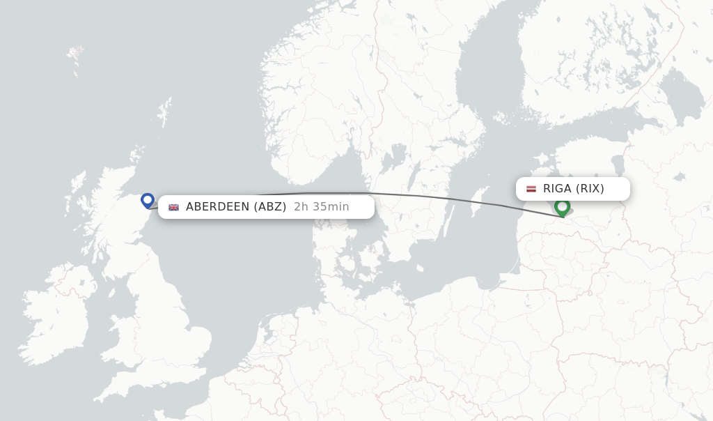 Flights from Riga to Aberdeen route map