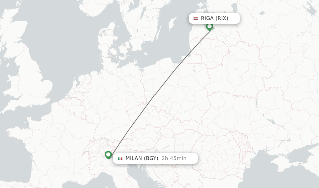Flights from Riga to Milan route map