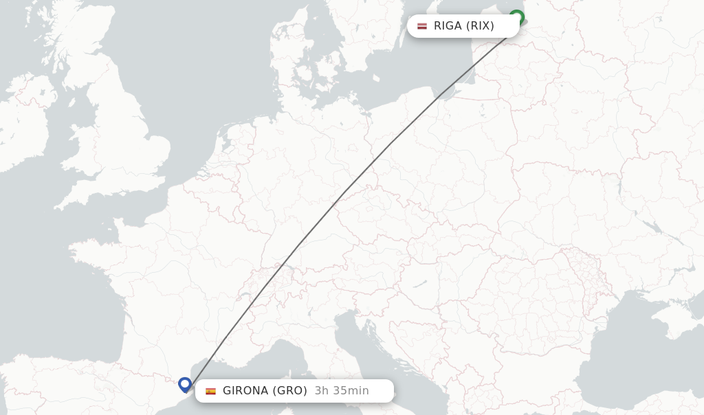 Flights from Riga to Girona route map