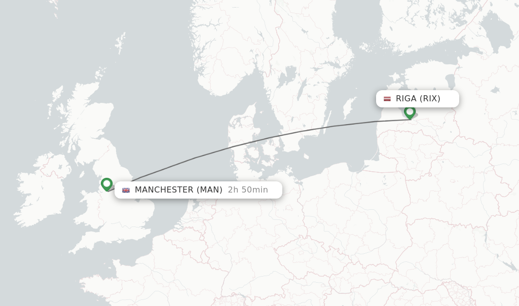 Flights from Riga to Manchester route map