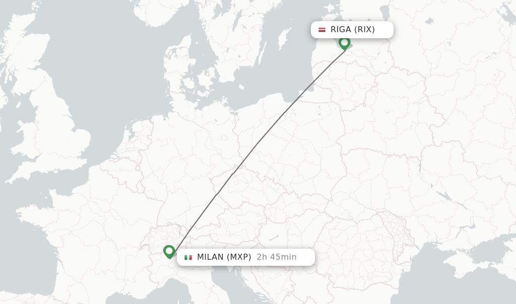 Flights from Riga to Milan route map