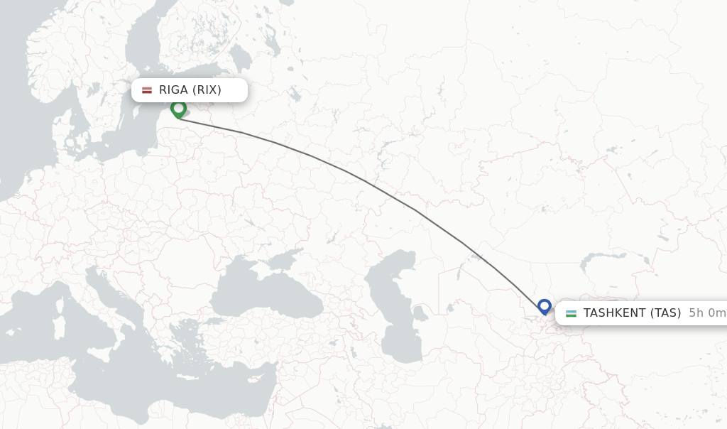Flights from Riga to Tashkent route map