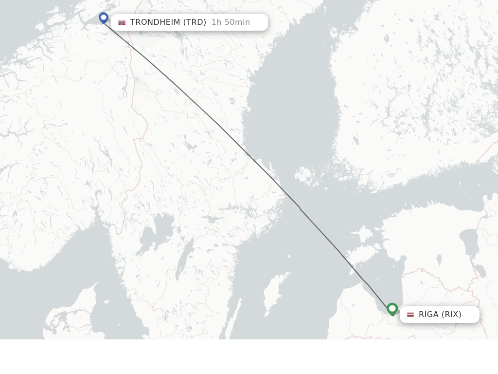 Flights from Riga to Trondheim route map