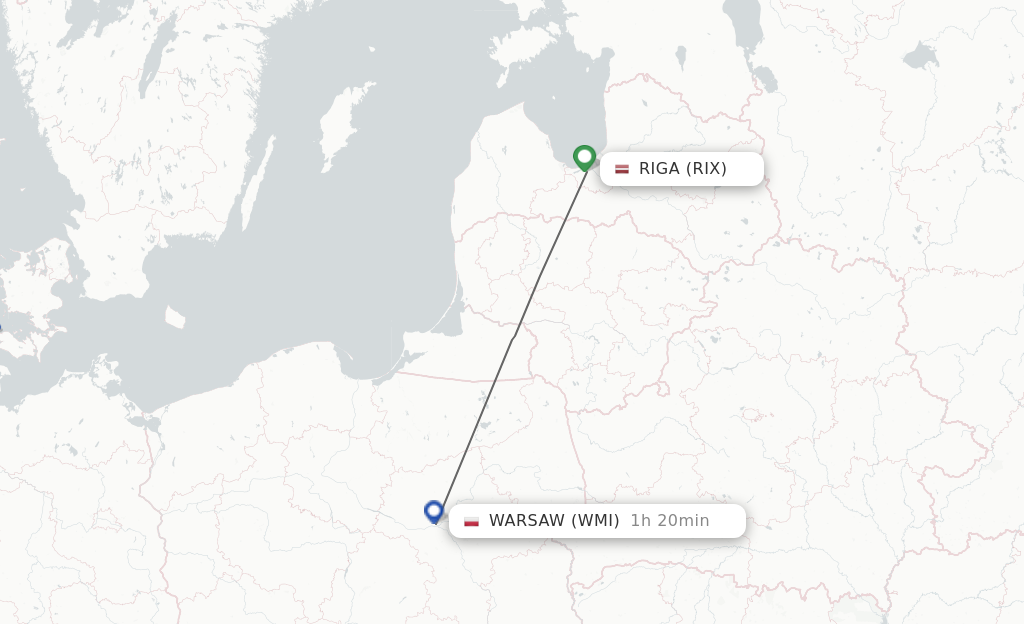 Flights from Riga to Modlin route map