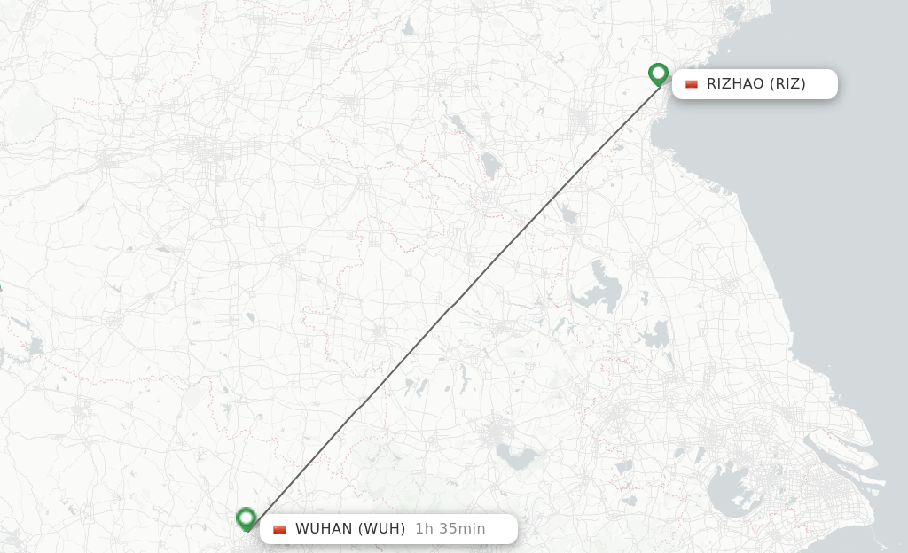 Flights from Rizhao to Wuhan route map