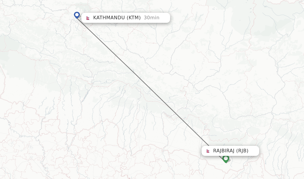Flights from Rajbiraj to Kathmandu route map