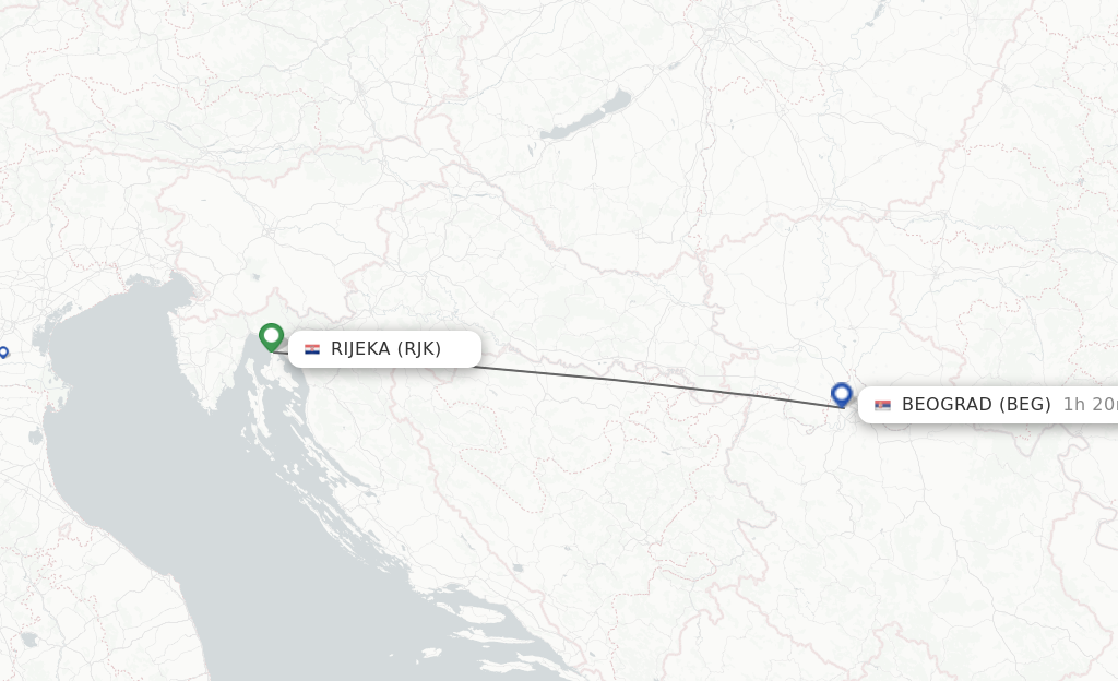 Flights from Rijeka to Belgrade route map