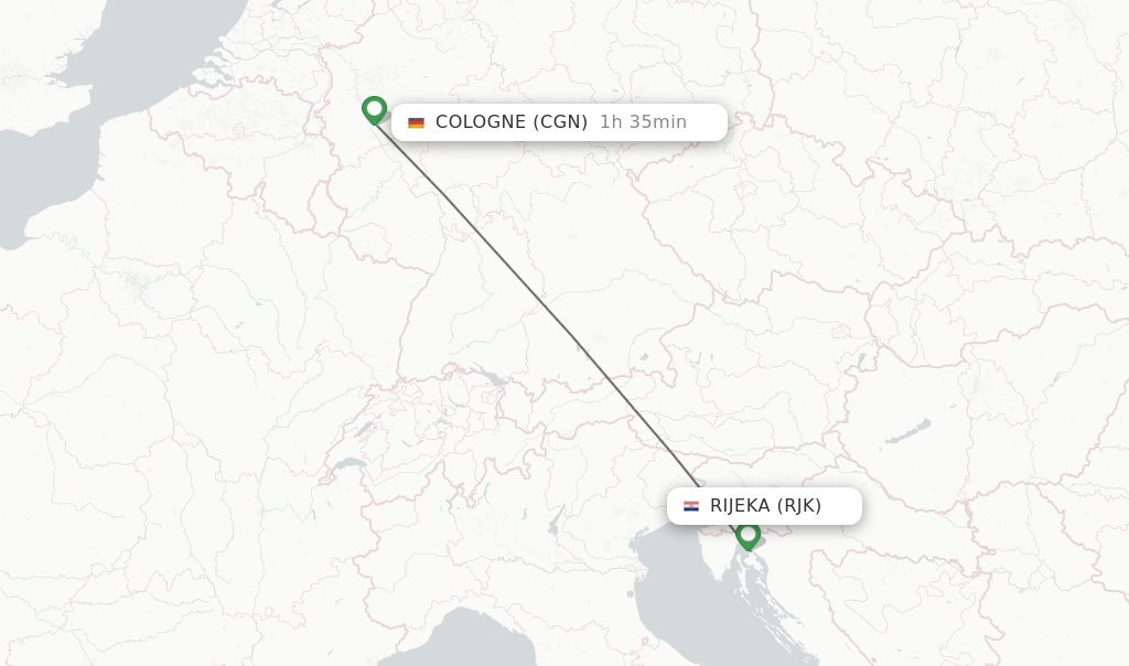Flights from Rijeka to Cologne route map