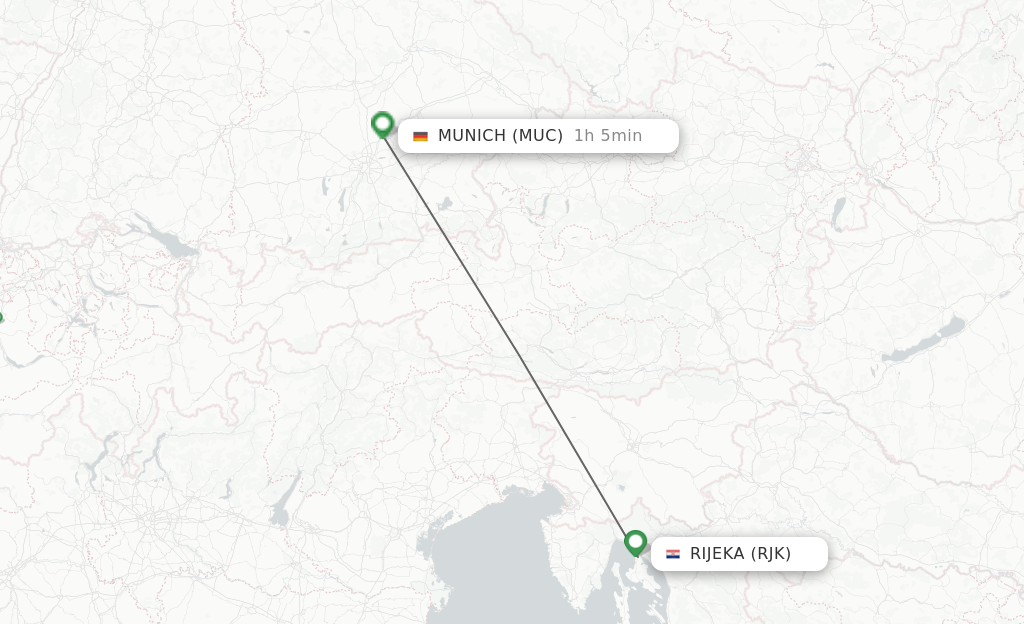 Flights from Rijeka to Munich route map