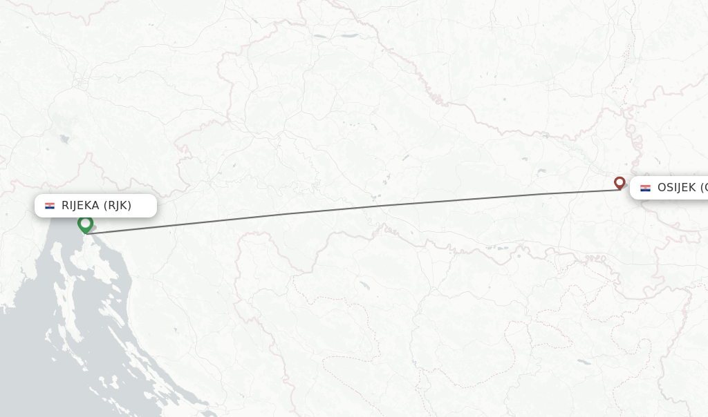 Flights from Rijeka to Osijek route map