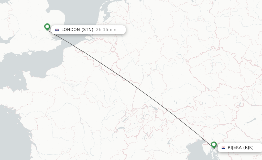 Flights from Rijeka to London route map