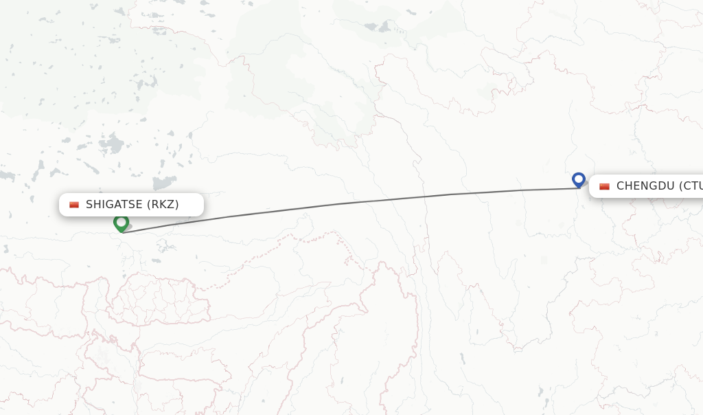 Flights from Shigatse to Chengdu route map