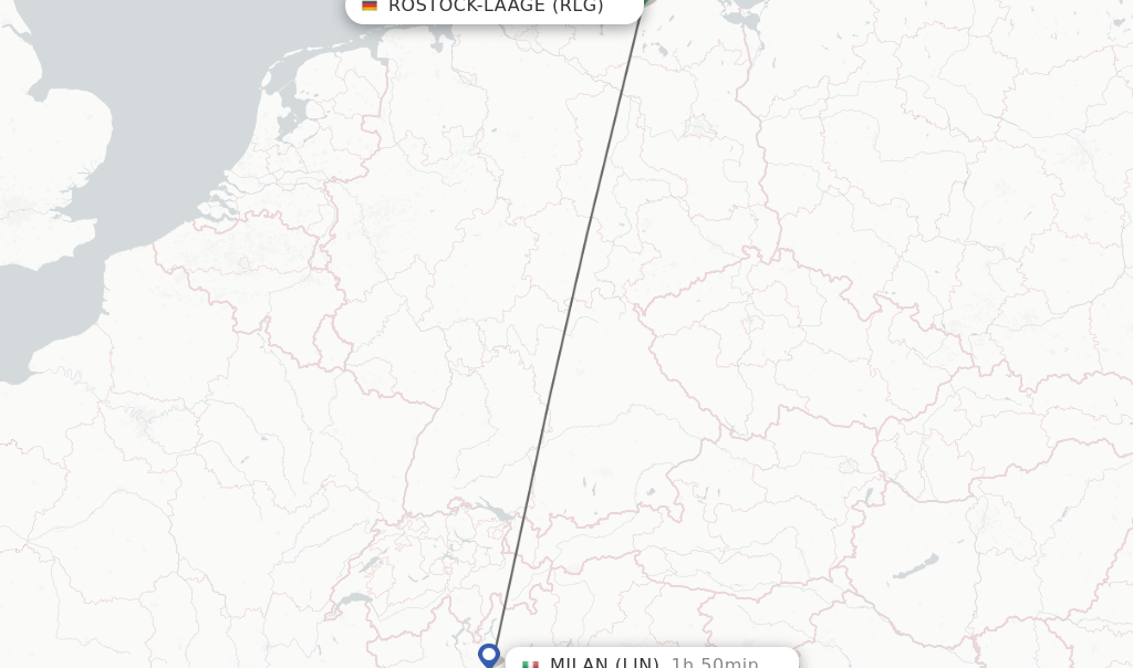 Flights from Rostock-Laage to Milan route map
