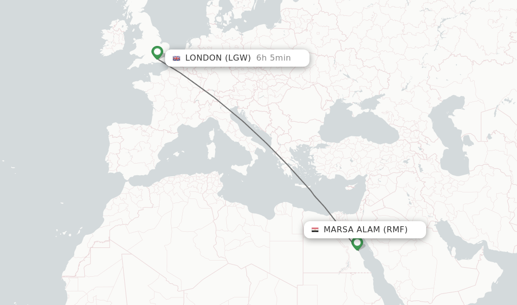 Flights from Marsa Alam to London route map