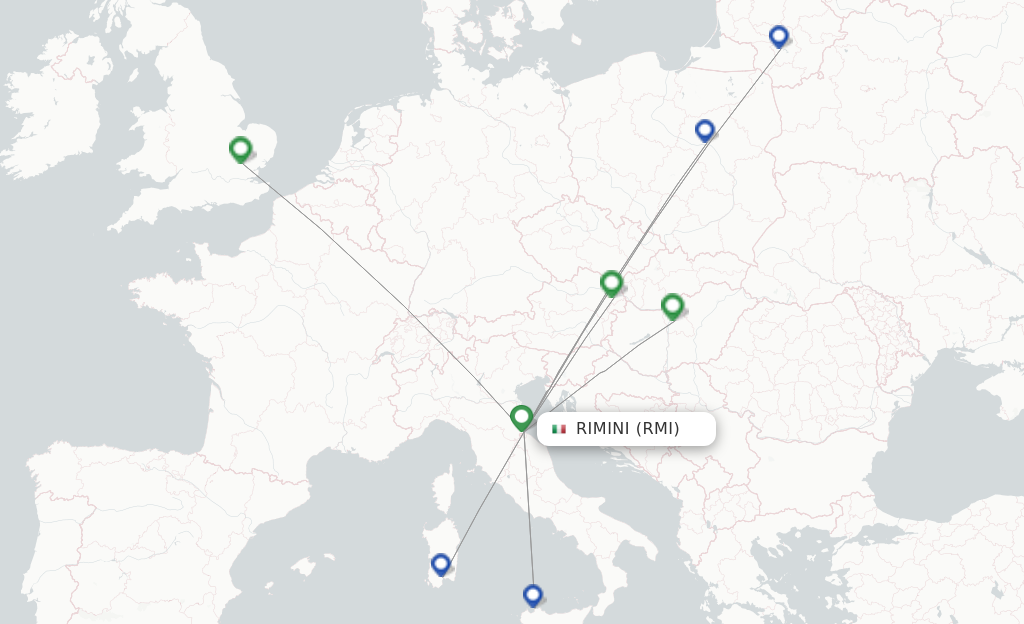 Route map with flights from Rimini with Ryanair