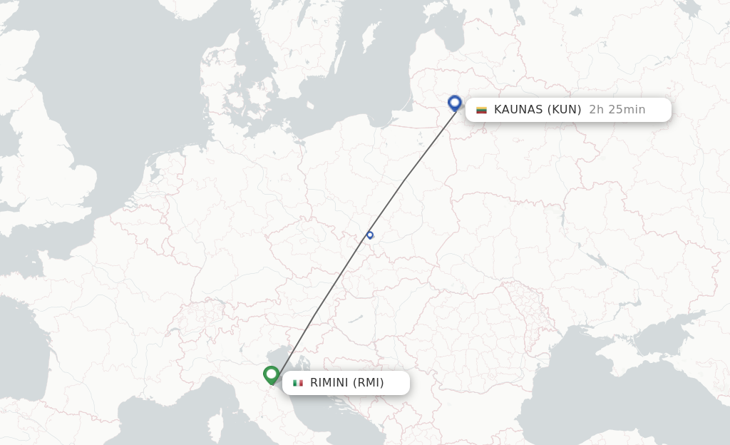Flights from Rimini to Kaunas route map