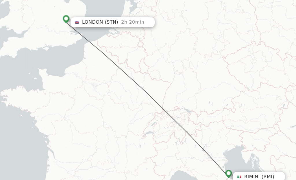 Flights from Rimini to London route map