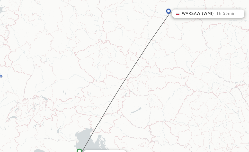 Flights from Rimini to Modlin route map
