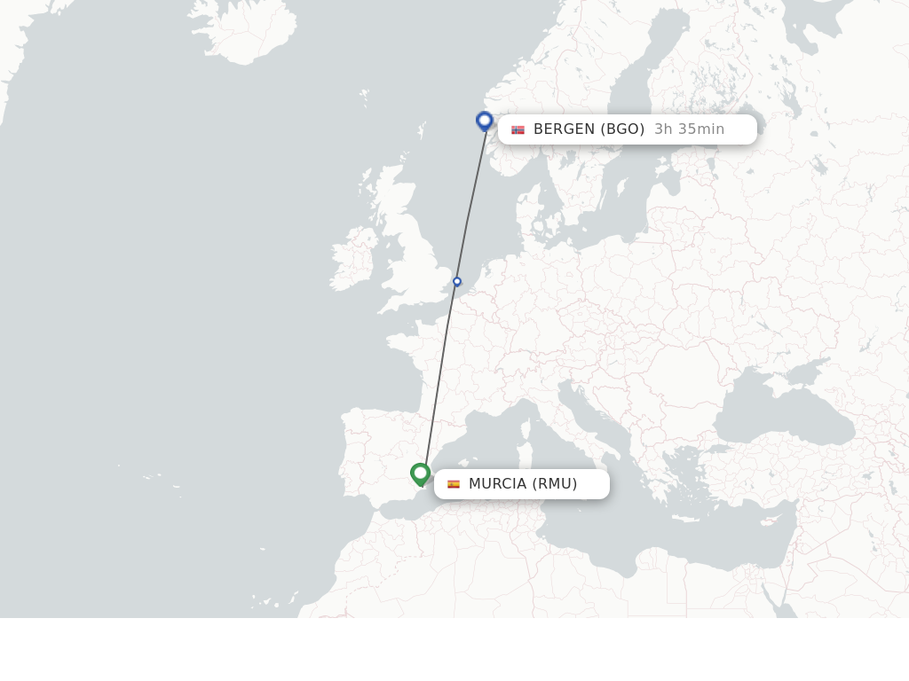 Flights from Corvera to Bergen route map